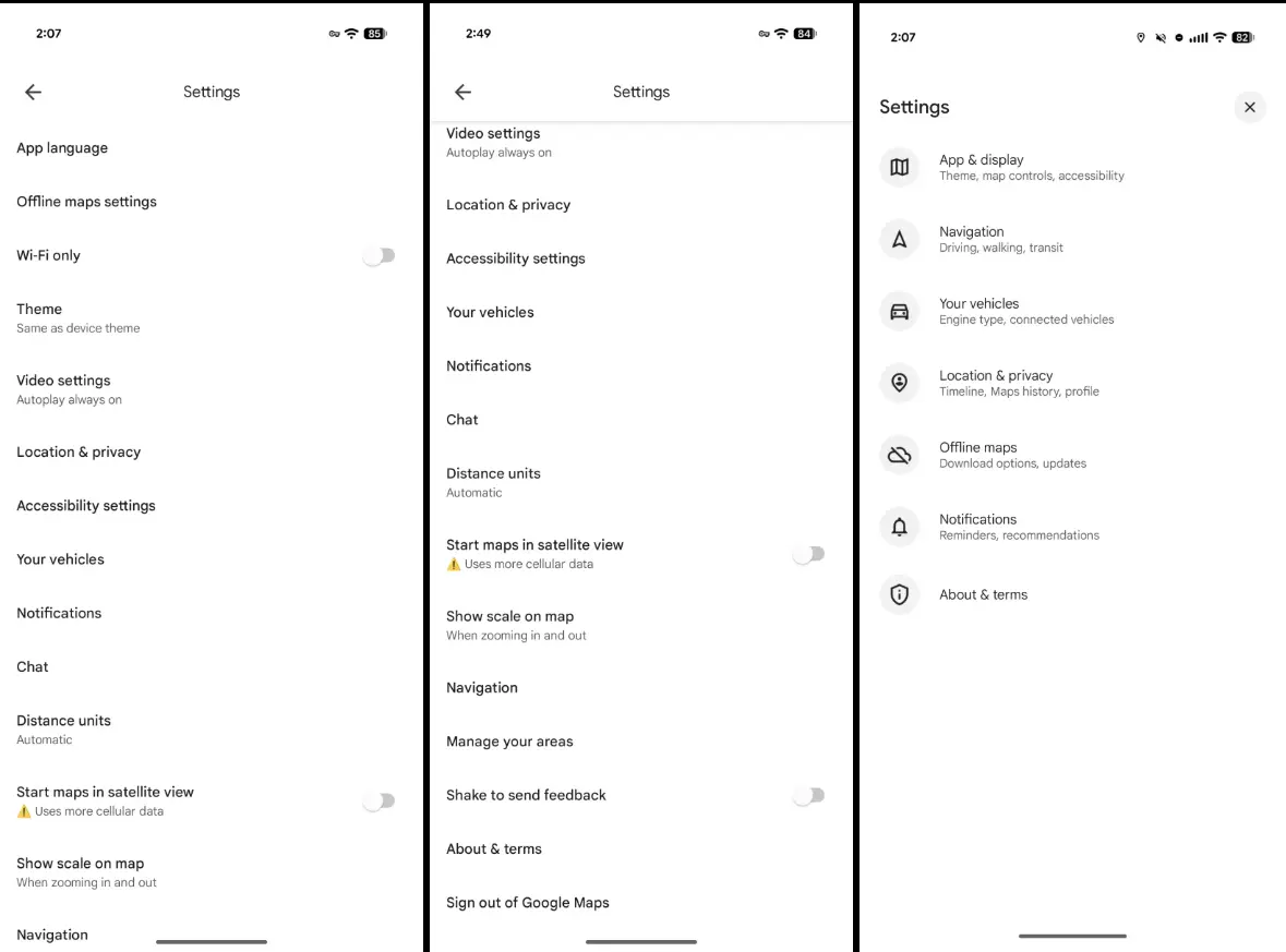 EL diseño de la app de Google Maps en sus ajustes